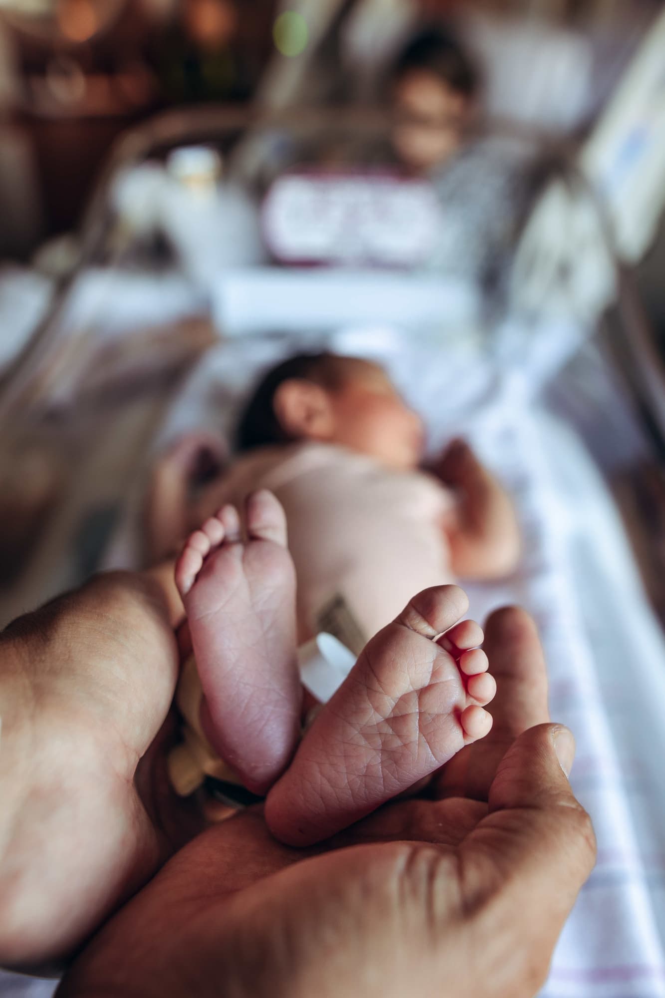 Tiny newborn feet cradled in a parent's hands