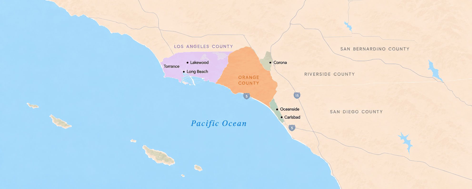 Illustrated map of Southern California showing the service area across Orange County, southern Los Angeles County, the western Inland Empire near Corona, and North County San Diego, with the Pacific Ocean and cities including Long Beach, Lakewood, Torrance, Oceanside, and Carlsbad